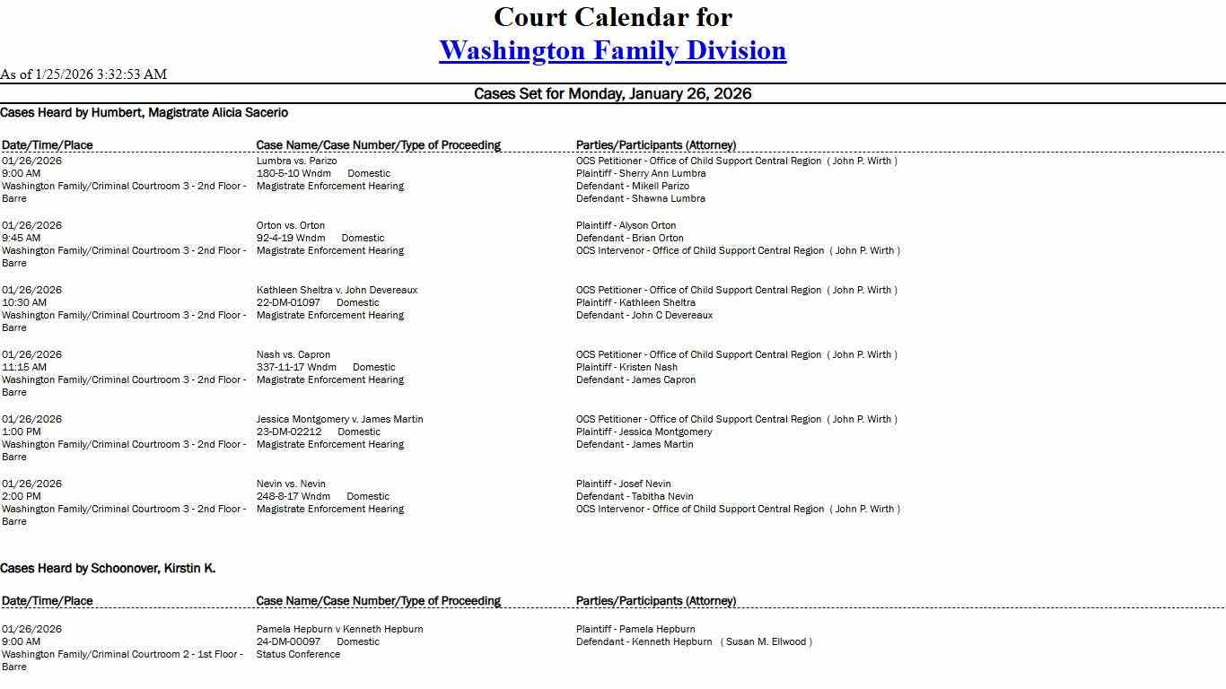 Washington Family Division Calendar